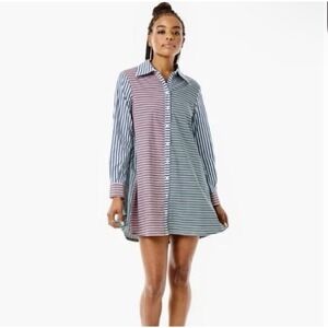 Addison Bay Cotton Poplin Bloom Shirtdress Blue Striped Size Small